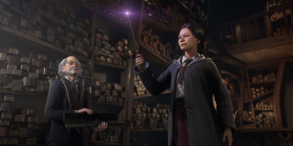 A female wizard testing out a new wand in Hogwarts Legacy.