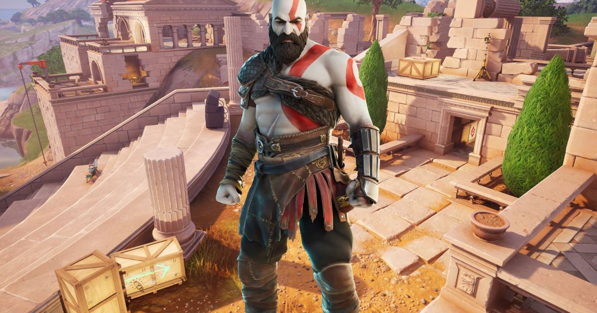 God of War character Kratos as a Fortnite skin with Greek-themed ruins in the background