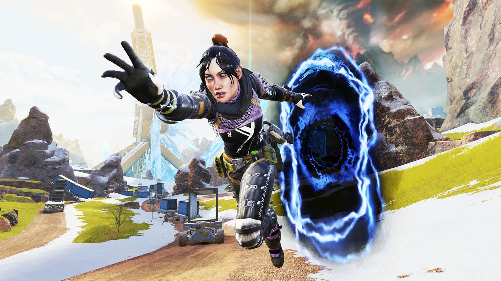 Apex Legends character moving out of portal in background