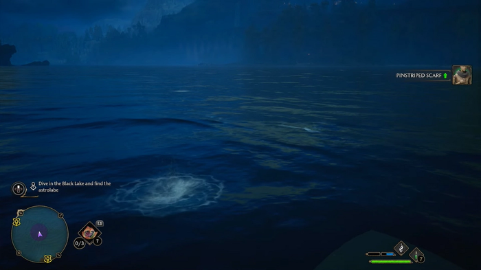 A screenshot of a player diving underwater to search for loot in Hogwarts Legacy.