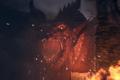 A dragon with red eyes from Dragon's Dogma 2 breathing fire from its mouth.