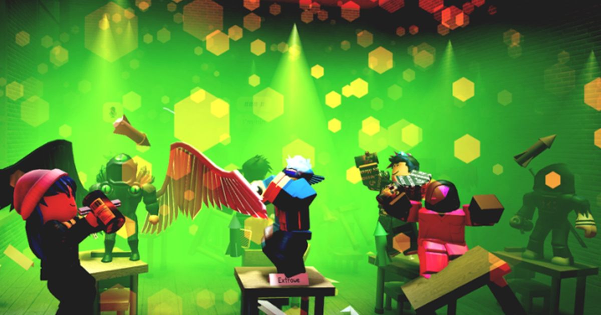Screenshot from The Presentation Experience, showing several Roblox characters partying on top of school desks