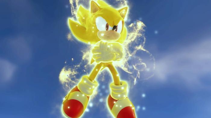 Super Sonic preparing for the Giganto boss fight in Sonic Frontiers.