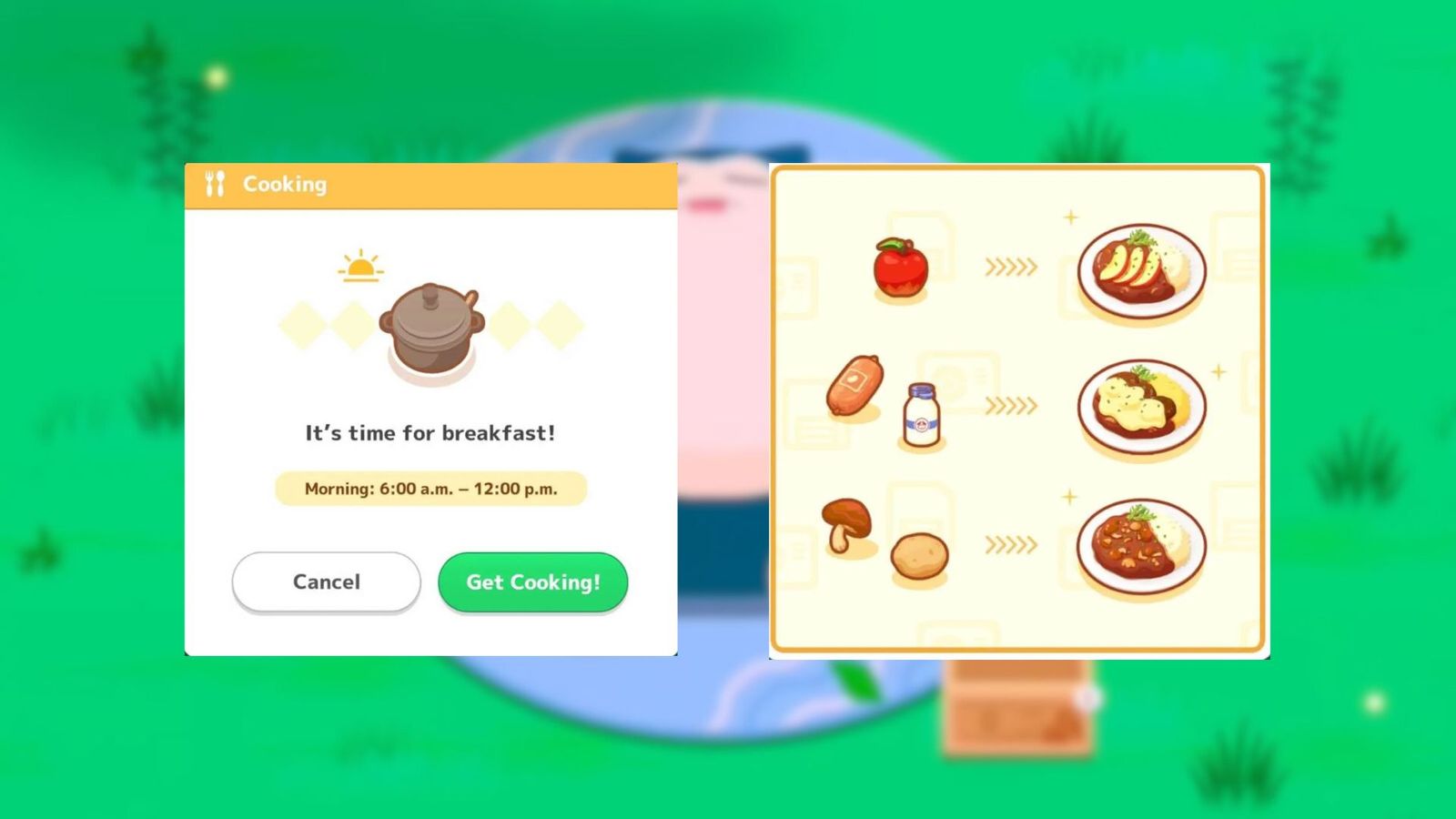 A screenshot of the cooking feature in Pokemon Sleep. 