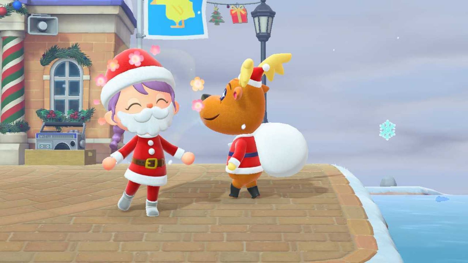 Animal Crossing New Horizons Toy Day Event Villager dressed as Santa about to talk to Jingle the reindeer in the plaza
