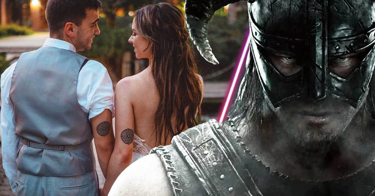 The Skyrim couple's matching amulet of Mara tattoos. 