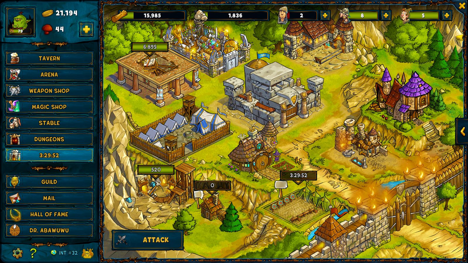 Shakes and Fidget gameplay, with a game menu on the left and the player's city on the right.