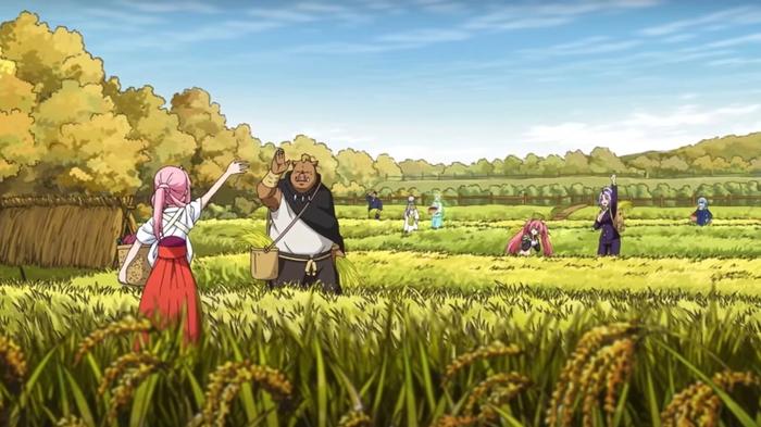 Some Slime Isekai Memories characters hanging out in a field waving to each other.