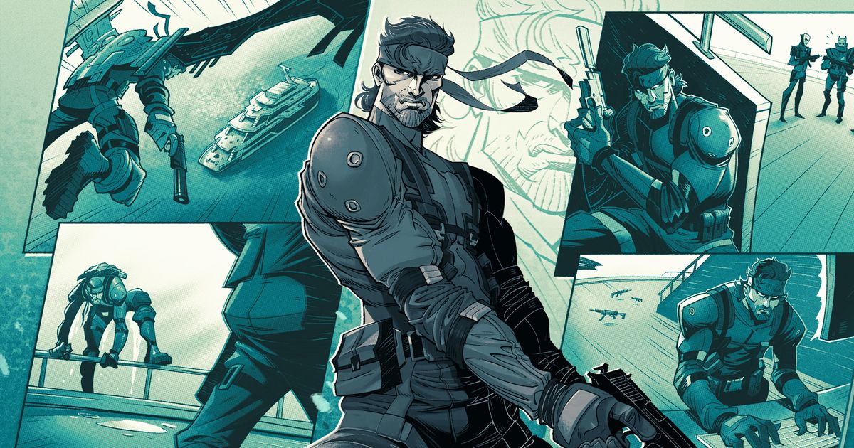 Fortnite Solid Snake pointing pistol at ground with comic book strip in background