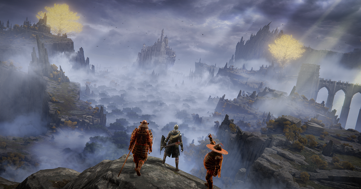 Three players on a cliff-edge facing ruins and clouds in Elden Ring.