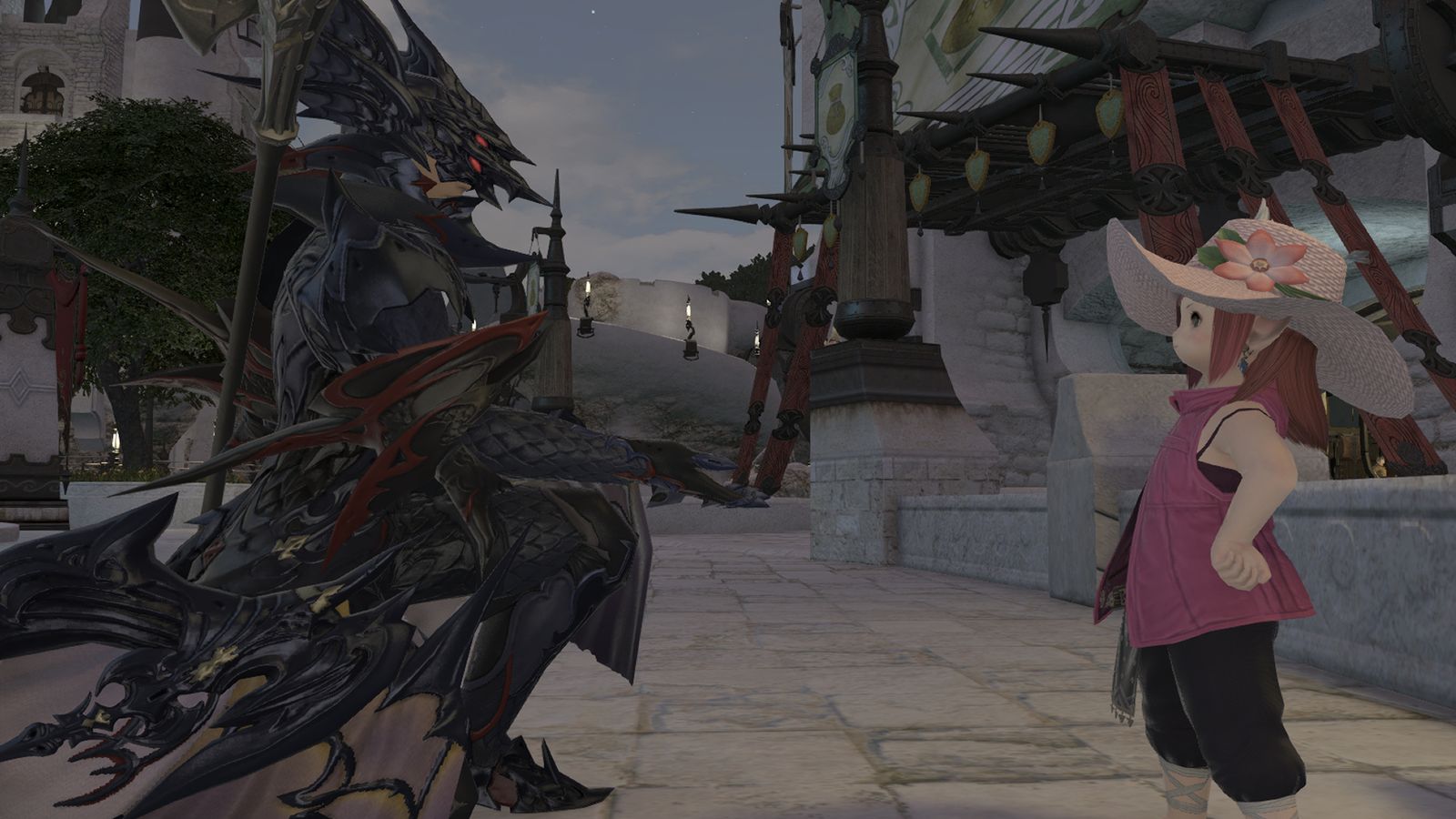 An image of a dragoon from Final Fantasy XIV handing in tomestones to a Rowena's Representative for their Heavensward Anima Relic Weapon grind. 