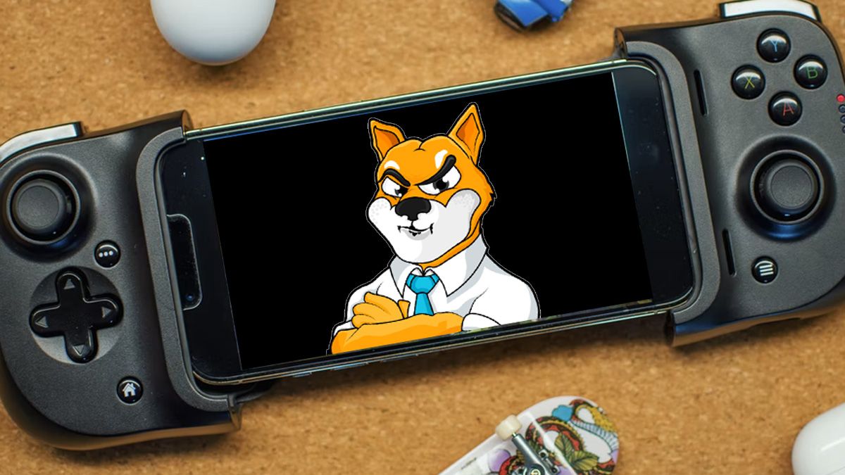 Shiba Inu Dog logo on a phone mobile game, on cork background.