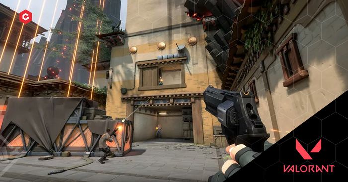 A player using the Sheriff gun to target an enemy in the Heaven area of Site A on the Haven map.