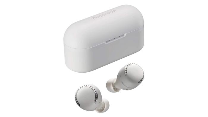Best iPhone earbuds - Panasonic RZ-S500W product image of a pair of white, round earbuds next to their white charging case.