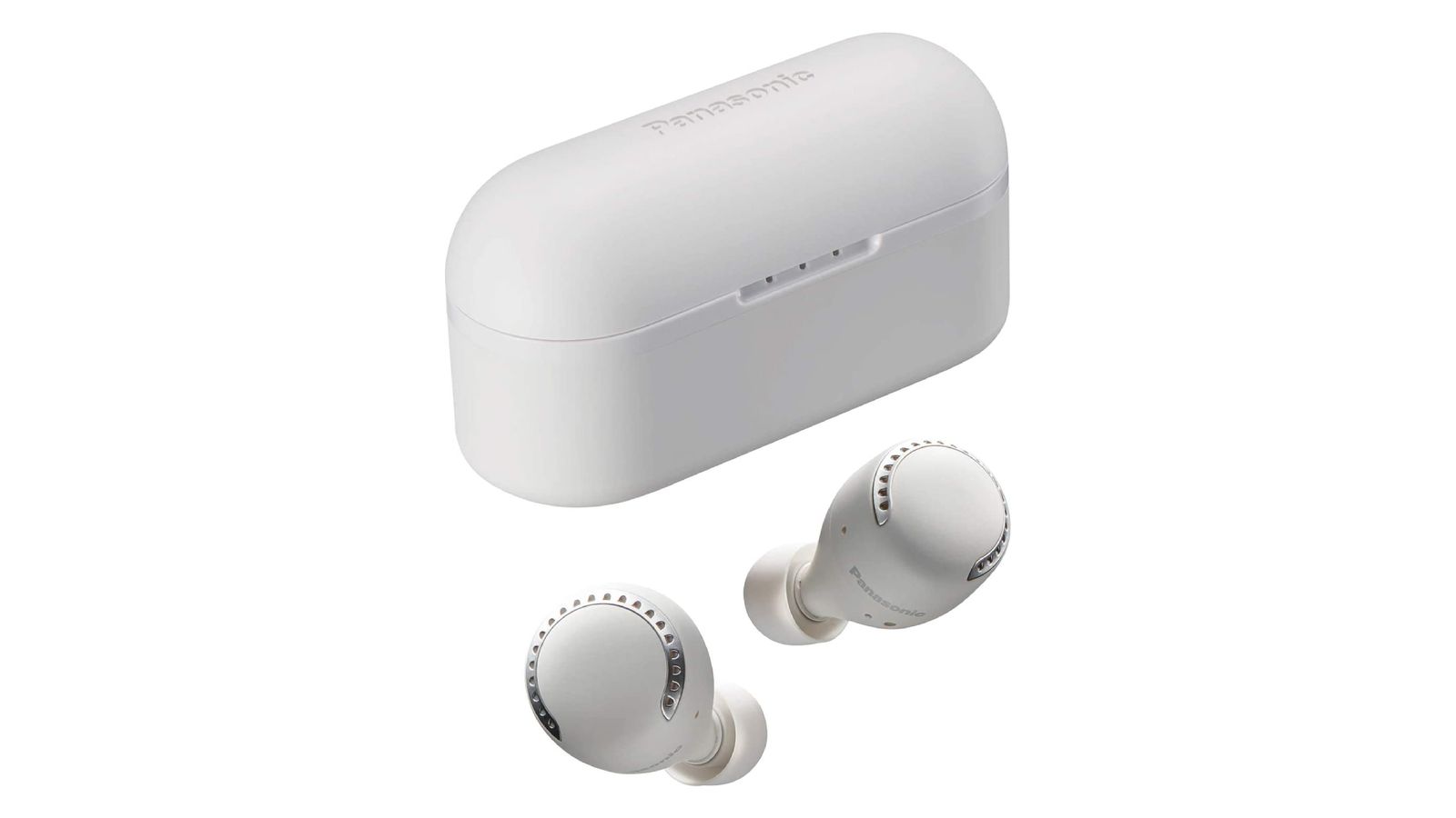 Best Android earbuds - Panasonic RZ-S500W product image of a pair of white, round earbuds next to their white charging case.