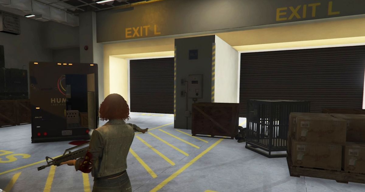GTA Online The Contract Security Contract Stolen Monkey Recovery. The player is looking at the lab doors that exit the facility.