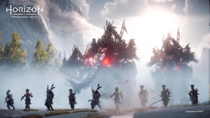 Three Tremortusks walk through mist. Warriors stand in the foreground