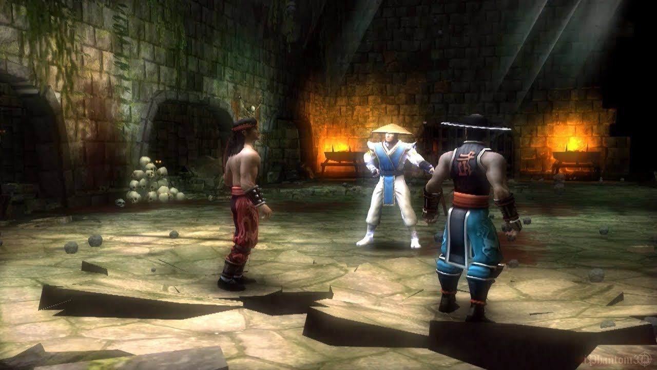 Screen shot of Mortal Kombat: Shaolin Monks. The two main characters stand next to Raiden.