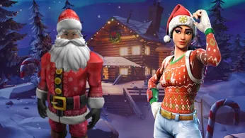 Snowy cabin in Fortnite with a Christmas-themed Fortnite skin and Roblox character dressed as Santa Claus in front of it