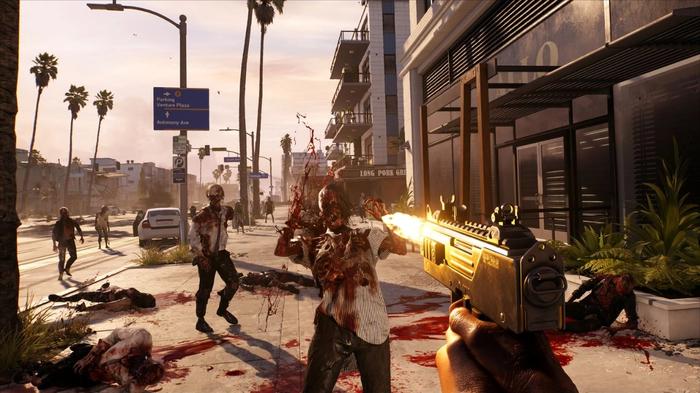 The character is shooting zombies in Dead Island 2.