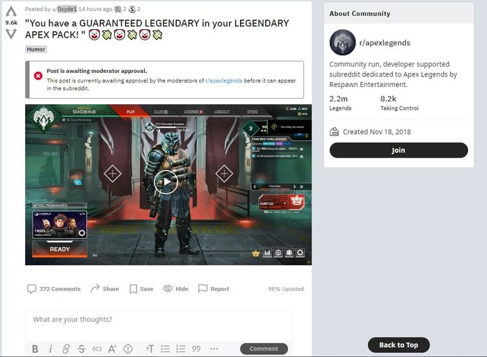 An image of the Reddit thread on Apex legendary packs.
