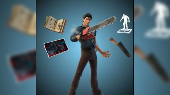 New Evil Dead themed cosmetics in Fortnite, with an Ash skin, back bling, pickaxe, loading screen, emote, and weapon.