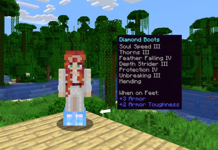 A Minecraft player is stood in front of a forest and river. They are wearing enchanted boots.