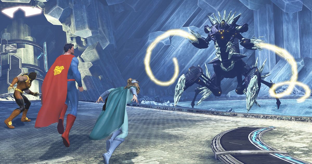 Image of Superman and other heroes battling a monster in DC Universe Online.