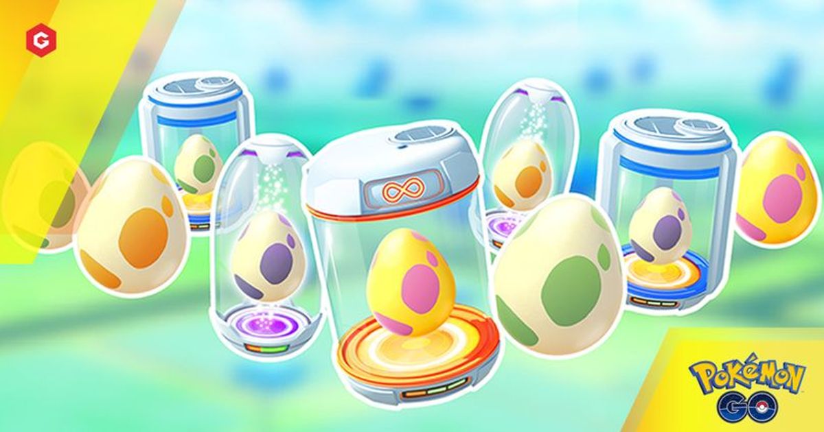 Several Pokémon GO eggs of various colour combinations in or around incubators