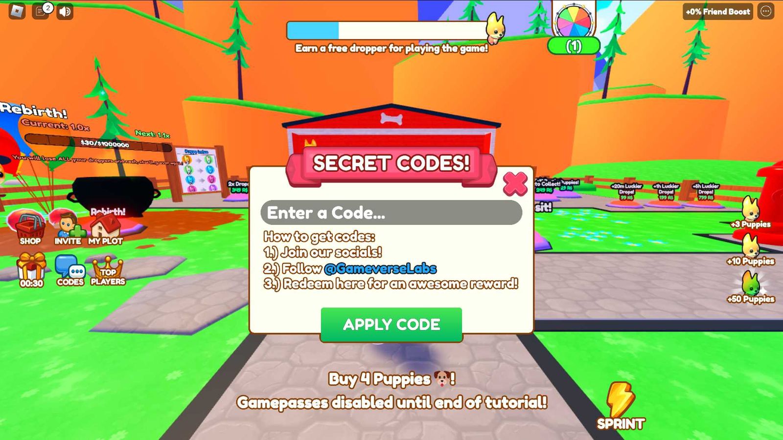 The code redemption page in Puppy Tycoon on Roblox.
