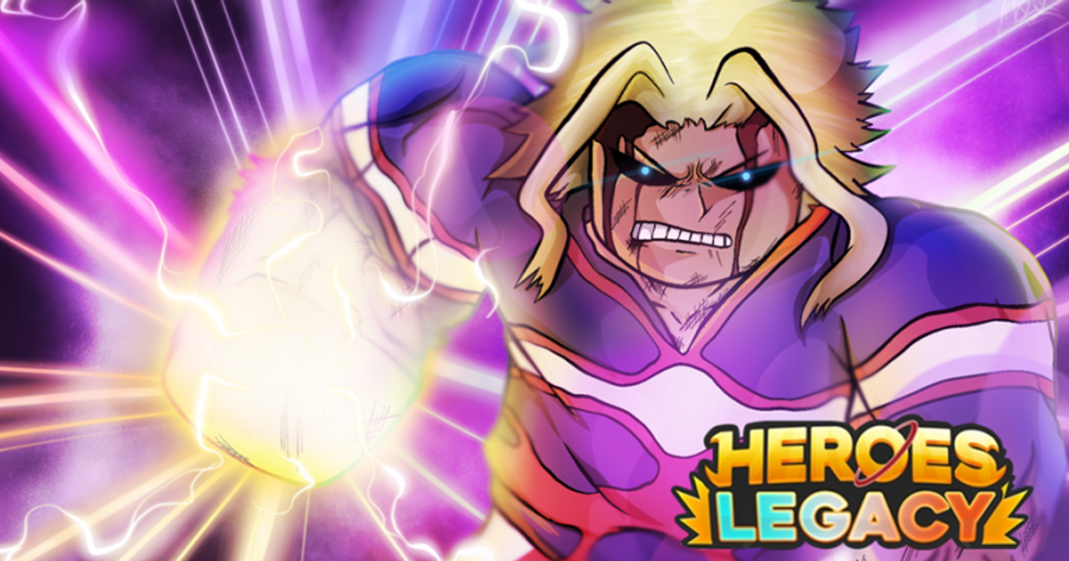 Artwork for Heroes Legacy featuring a Roblox character dressed as a superhero in a purple costume.