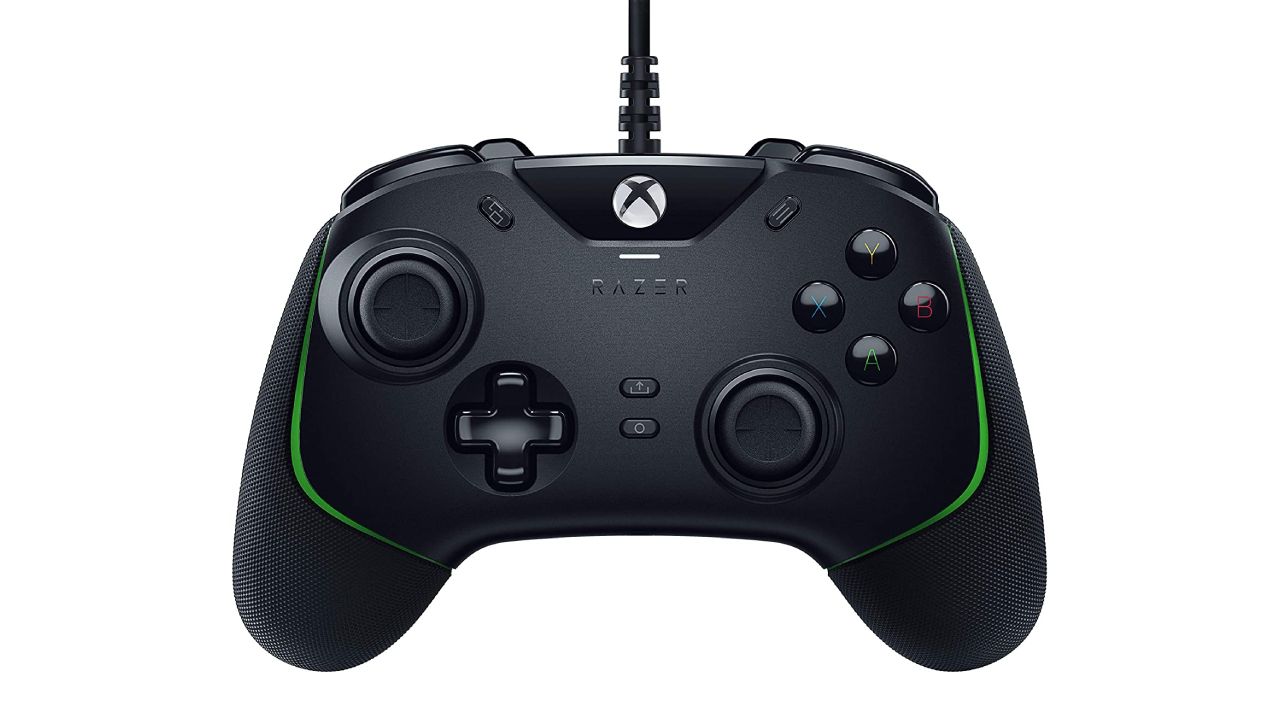 Razer Wolverine V2 product image of a black wired controller with green trim.