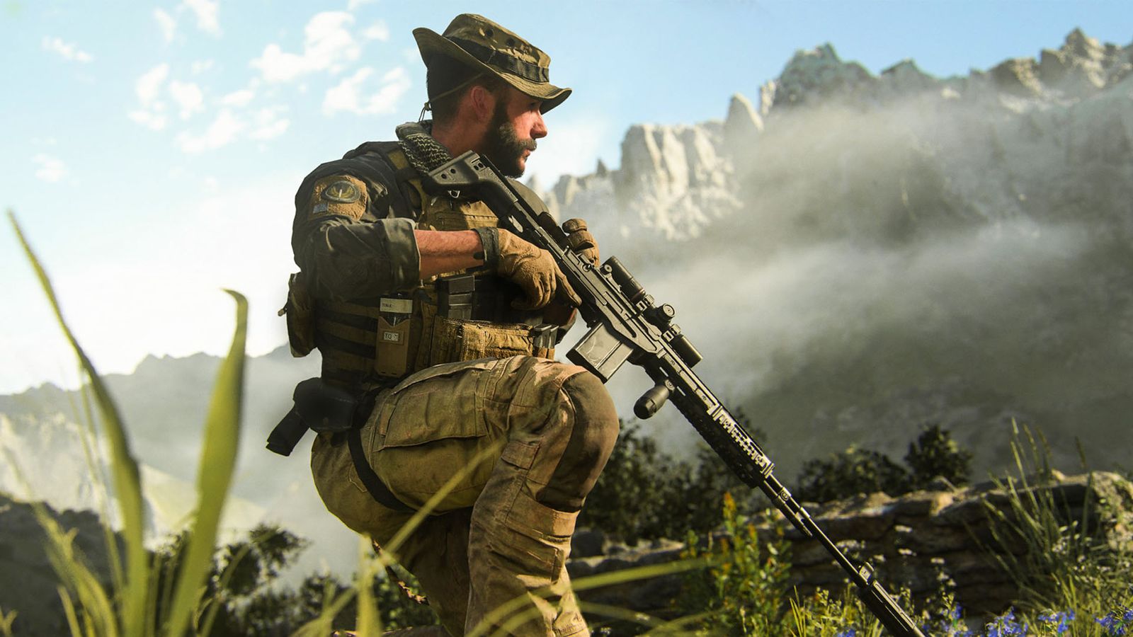 Modern Warfare 3 captain price crouching while holding green rifle