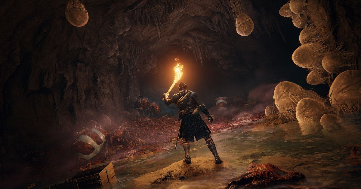 An armoured character holding a flaming torch exploring a cave.