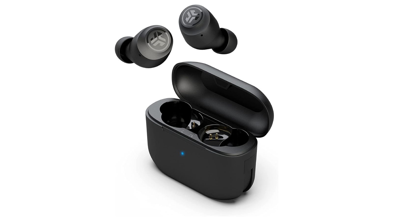 Best budget earbuds - JLab Go Air Pop product image of two black wireless earbuds outside a black, rounded charging case.