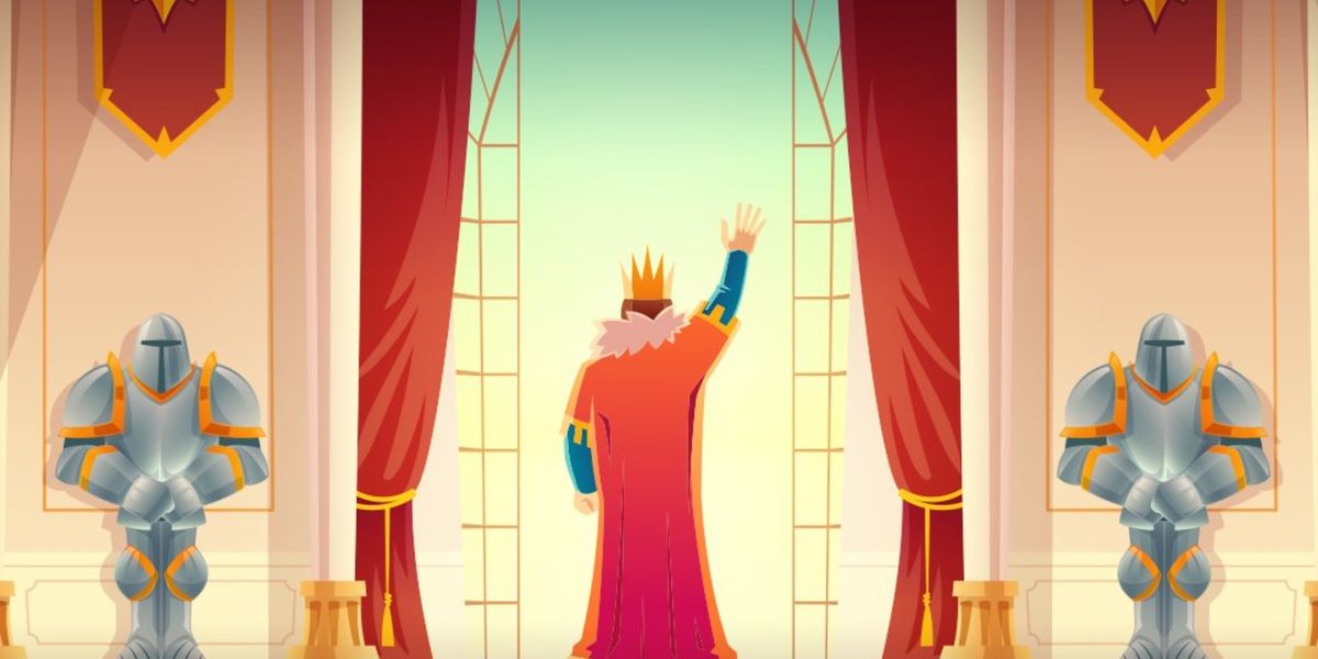Screenshot from BitLife, showing the king waving down to his citizens