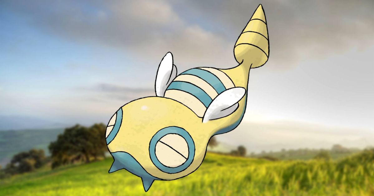 The Pokemon Dunsparce floating against a grassy background