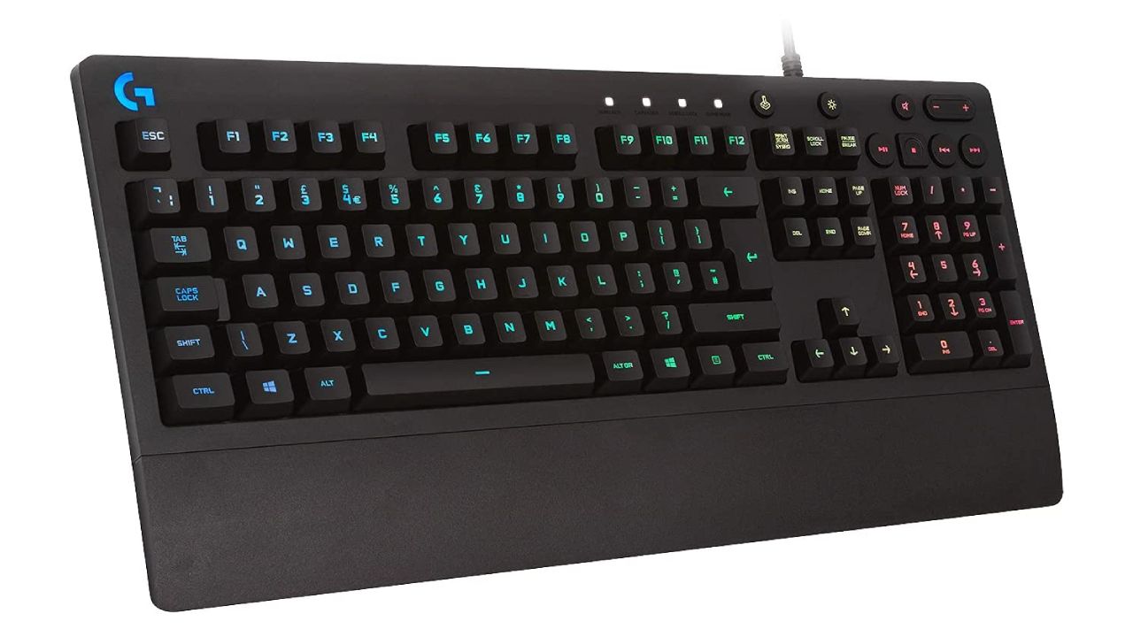 Logitech G213 Prodigy product image of black keyboard with multicoloured backlit keys.