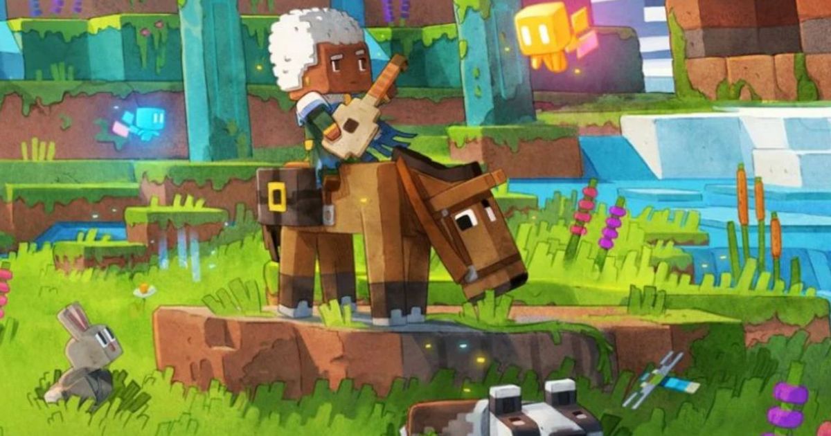 The Hero of Minecraft Legends is playing on the lute.
