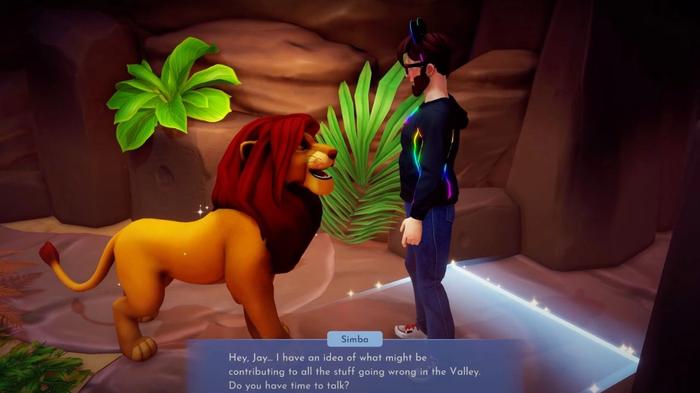 The character is talking to Simba to get the Hakuna Matata quest in Disney Dreamlight Valley.