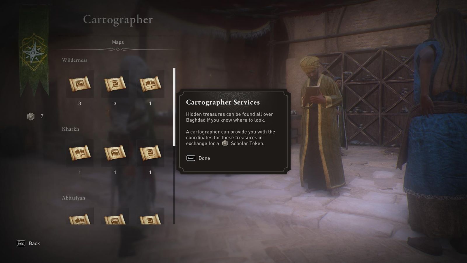 The Cartographer's available maps are shown, and each one costs Scholar Tokens.