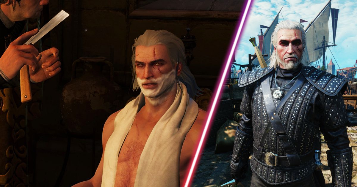 The Witcher 3's Geralt having his beard shaved.