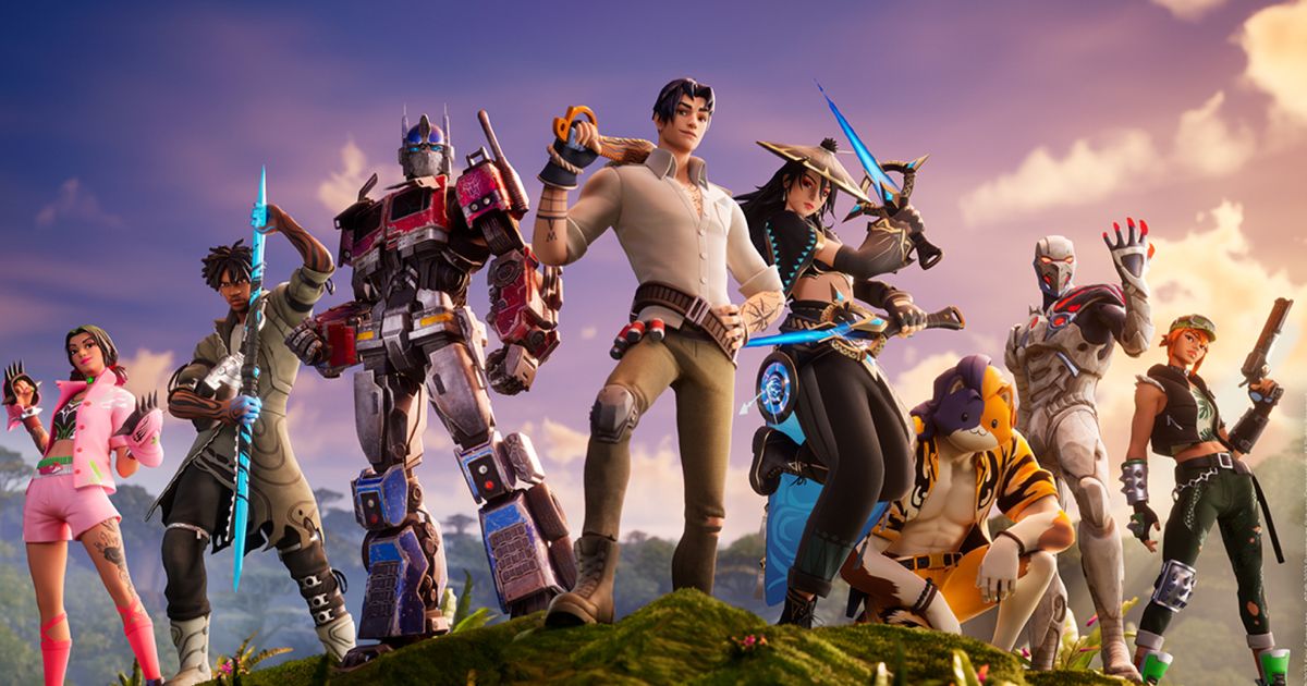 Image of a group of Fortnite characters standing on a hill top, including Optimus Prime and a character wearing a light brown shirt and khaki trousers in the centre.