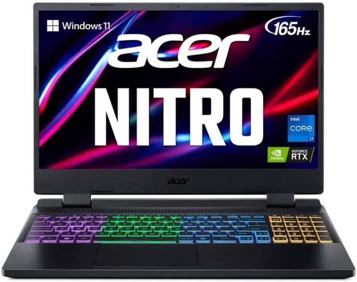 Acer Nitro 5 product image of a black laptop featuring multicoloured backlit keys and Acer branding in white in front of a red and blue pattern on the display.