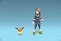 A player standing by Eevee wearing the Eevee mask in Pokémon Legends: Arceus.