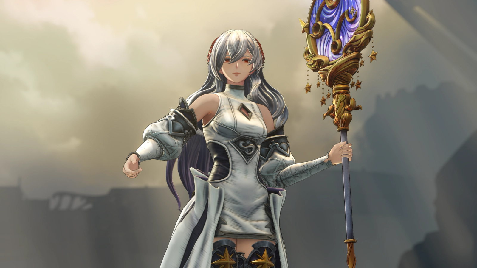 granblue fantasy relink villainess with white clothes and white hair holding staff