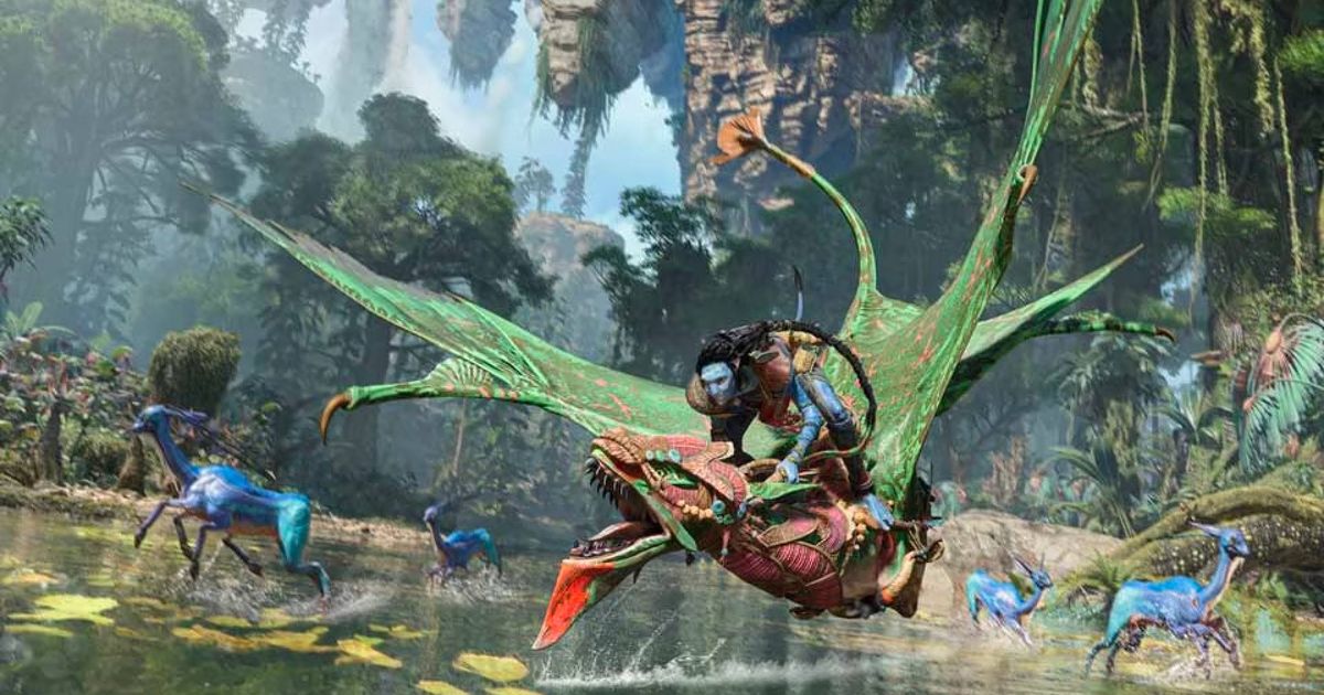 A Na'vi riding an ikran in Avatar Frontiers of Pandora.