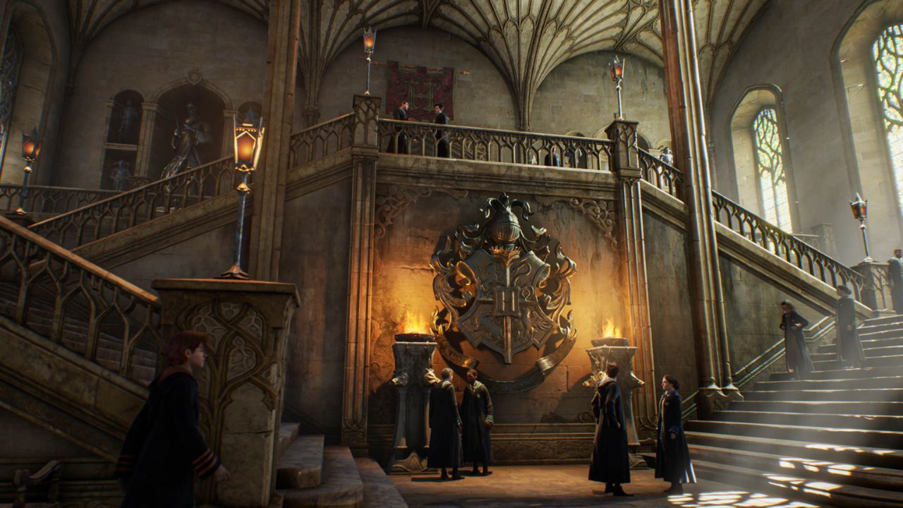 A grand staircase within Hogwarts in Hogwarts Legacy.