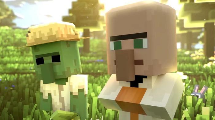 Two characters somewhere in the forest in Minecraft Legends.