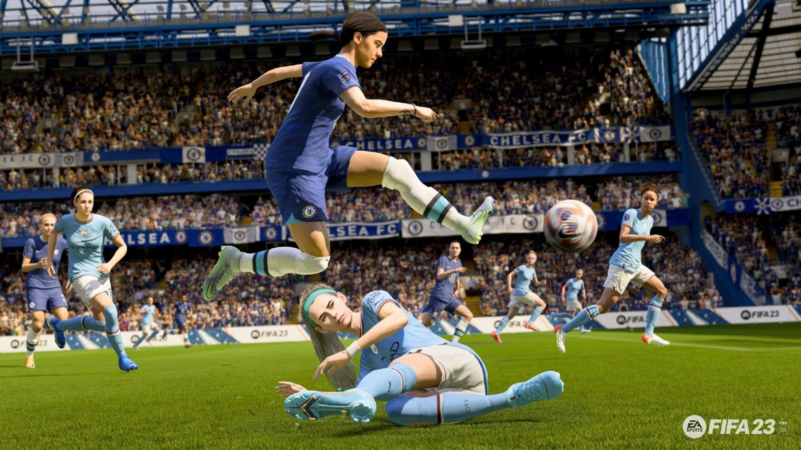Image of Sam Kerr dribbling the ball in FIFA 23.